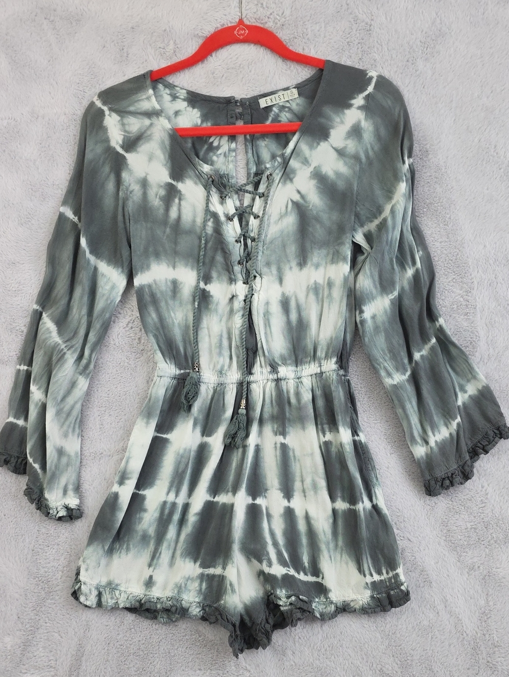 Exist Tie Dye Romper Women's Small Gray White Lace Up Long Sleeve Boho Pockets